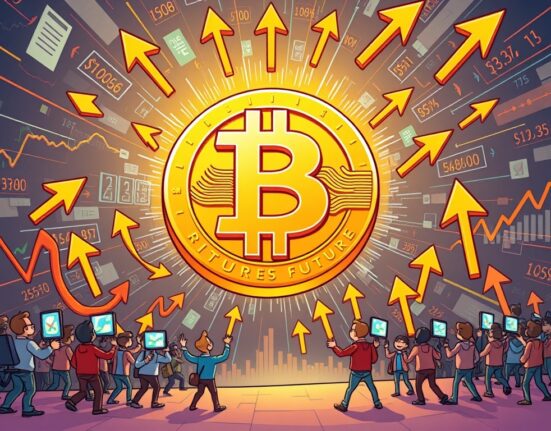 A vibrant cartoon illustration showing a massive Bitcoin symbol at the center of a financial vortex, representing the record-high Bitcoin futures open interest and bullish market sentiment.