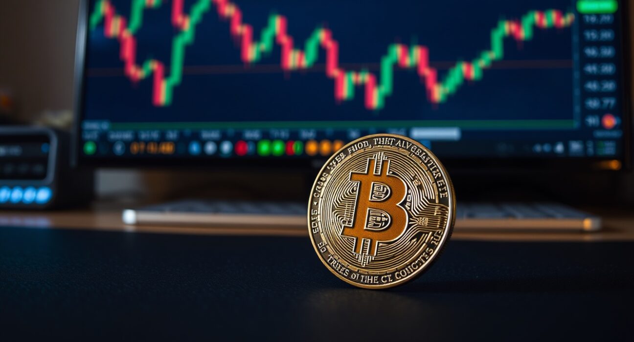 Bitcoin coin on a dark surface with a blurred trading chart background, representing market analysis.