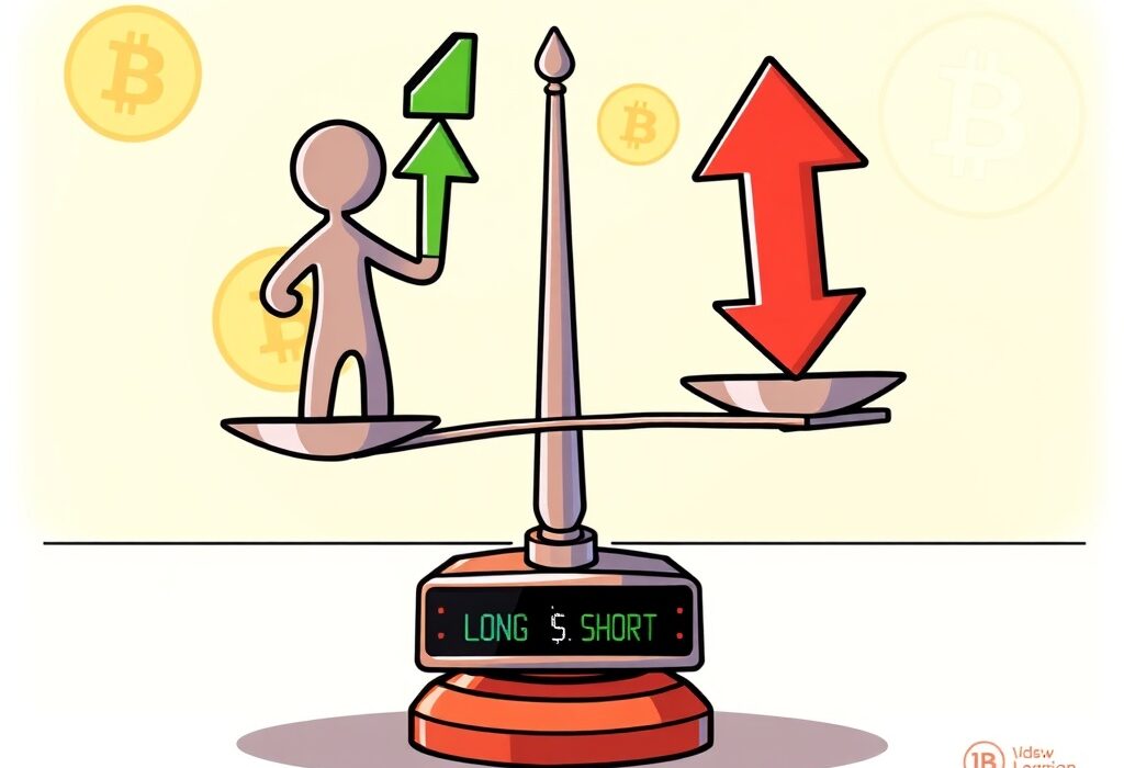 A cartoon illustration showing the balance of long-short ratios in Bitcoin futures trading, representing current crypto market sentiment.
