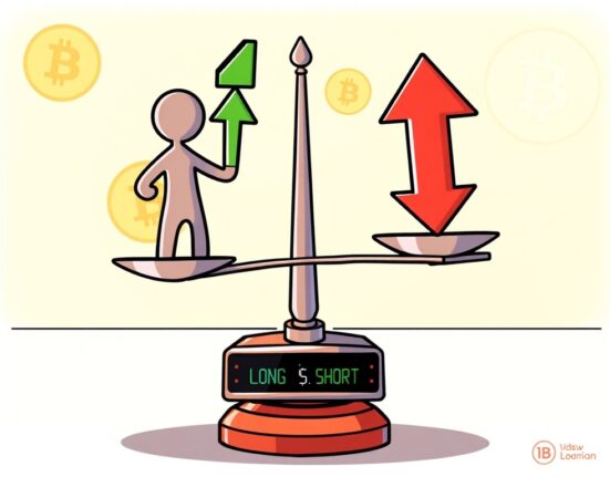 A cartoon illustration showing the balance of long-short ratios in Bitcoin futures trading, representing current crypto market sentiment.