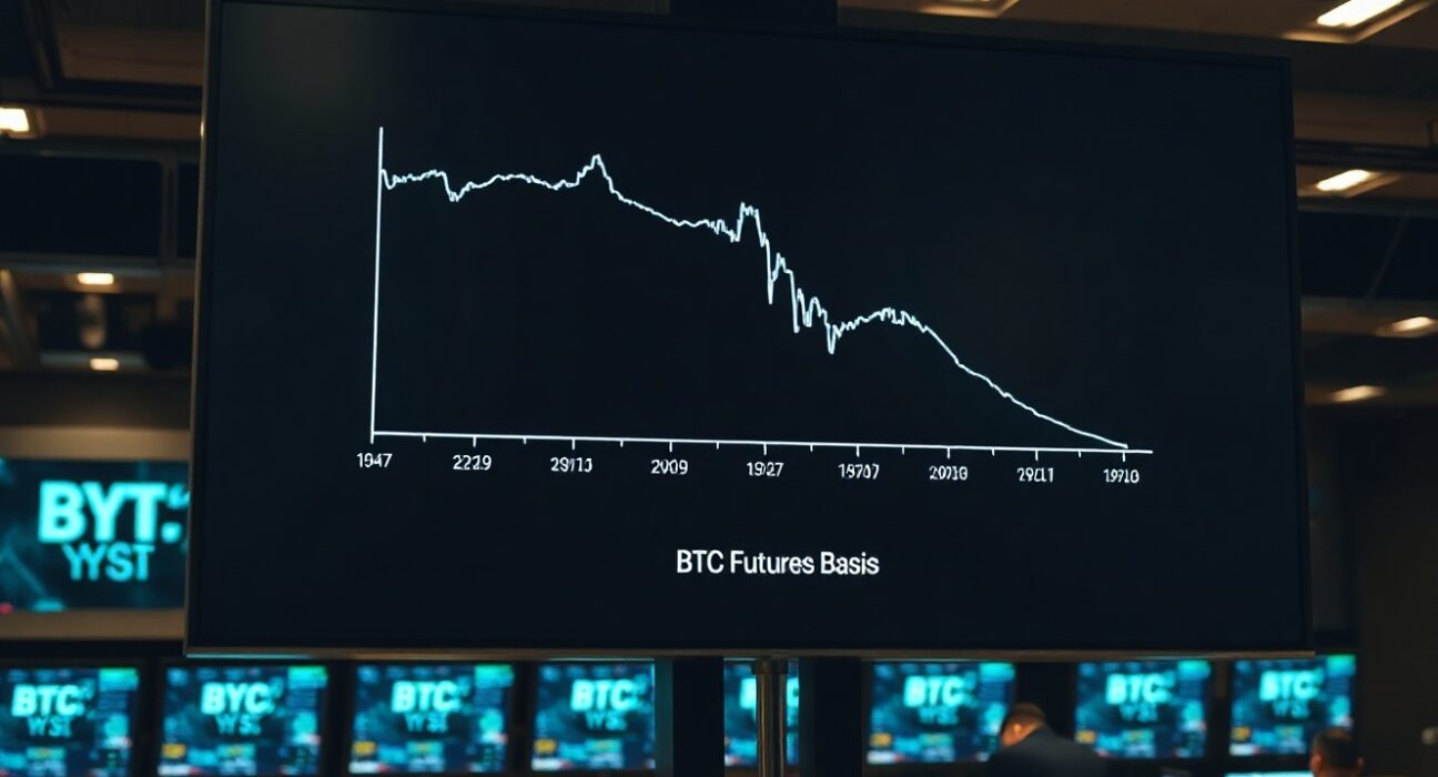 Chart showing Bitcoin futures basis yield falling below Treasury yields on a trading floor display