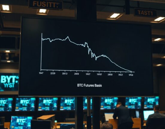 Chart showing Bitcoin futures basis yield falling below Treasury yields on a trading floor display