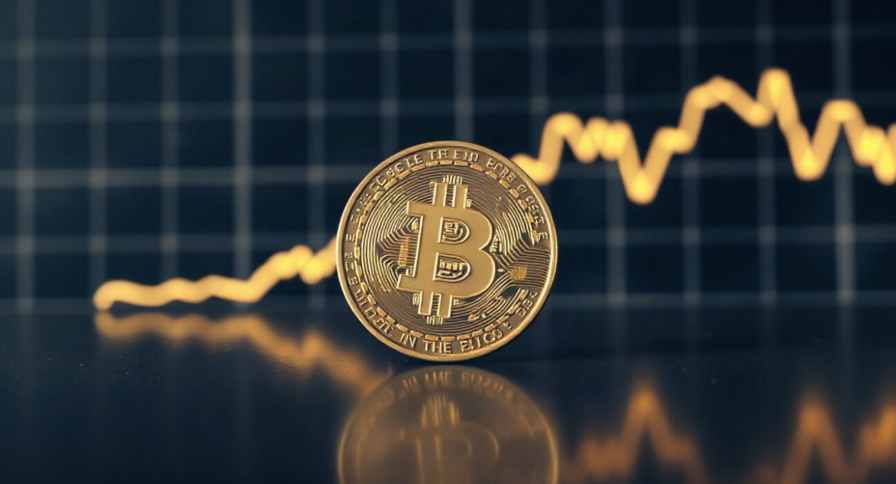 Bitcoin coin on reflective surface with upward trend graph in background