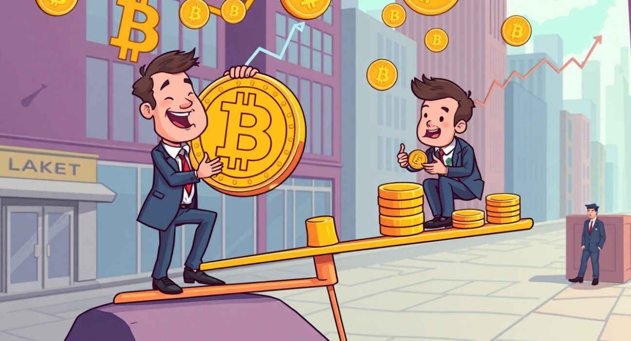Businessmen struggling with Bitcoin gains in exaggerated cartoon financial scene