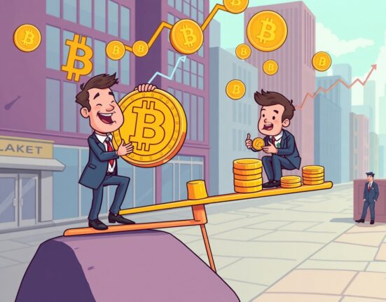 Businessmen struggling with Bitcoin gains in exaggerated cartoon financial scene