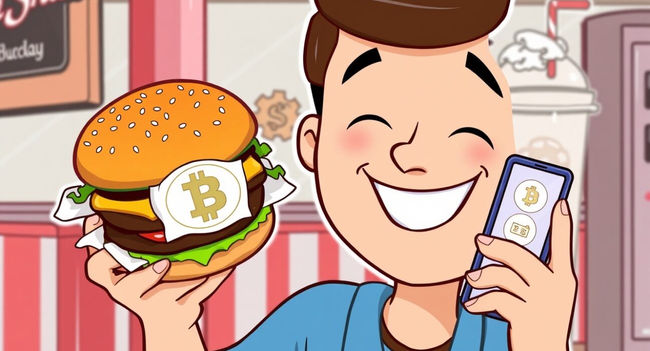 A customer excitedly receives a burger, symbolizing a Bitcoin giveaway promotion from Fold and Steak 'n Shake.