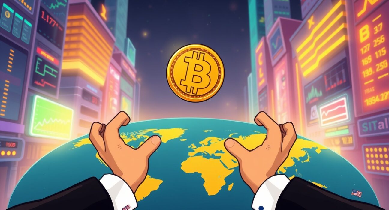 An illustration symbolizing Bitcoin's powerful rise as a new global reserve asset through worldwide adoption.