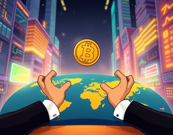 An illustration symbolizing Bitcoin's powerful rise as a new global reserve asset through worldwide adoption.
