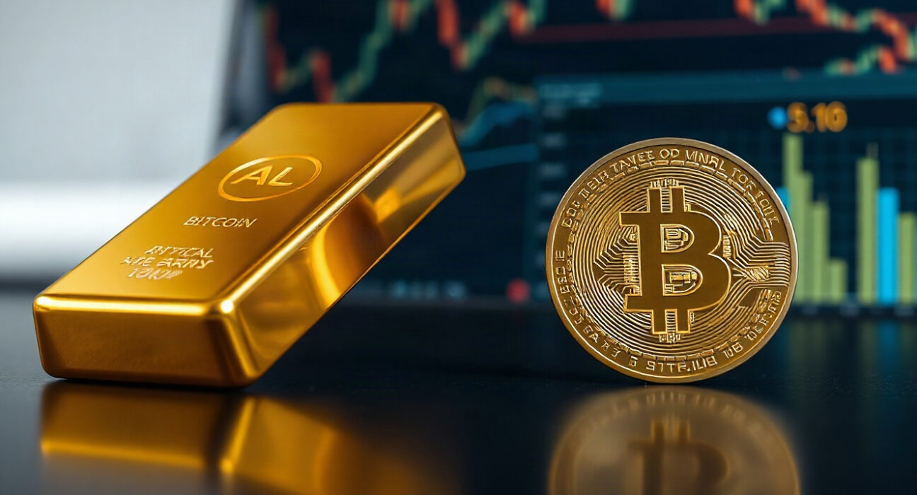 Bitcoin and gold bars side by side on a reflective surface, symbolizing investor confidence.