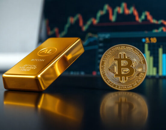 Bitcoin and gold bars side by side on a reflective surface, symbolizing investor confidence.