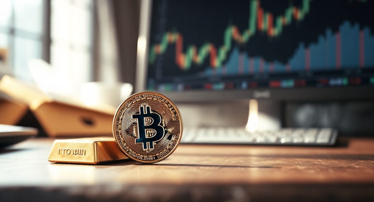 Bitcoin coin and gold bar side by side on a desk, symbolizing the renewed correlation between the two assets.