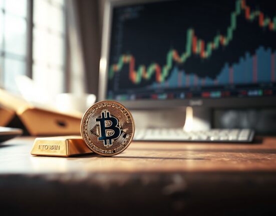 Bitcoin coin and gold bar side by side on a desk, symbolizing the renewed correlation between the two assets.