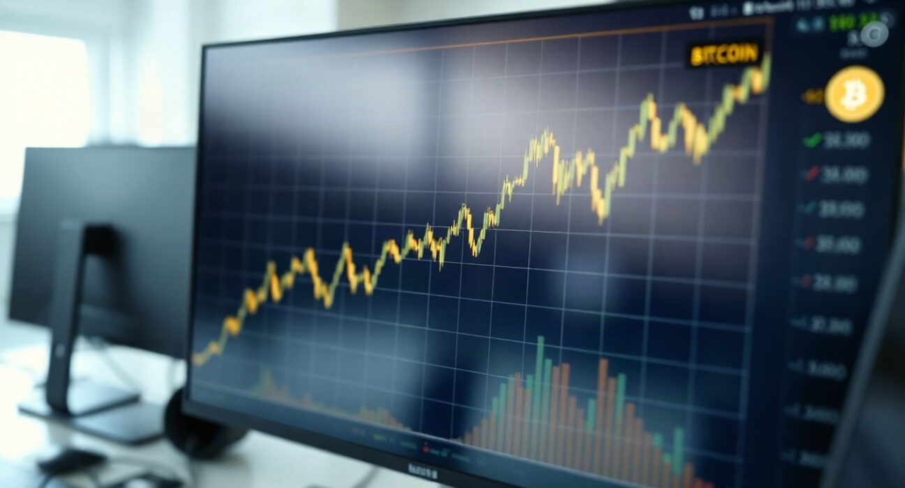Bitcoin and gold price chart on a screen in a trading office