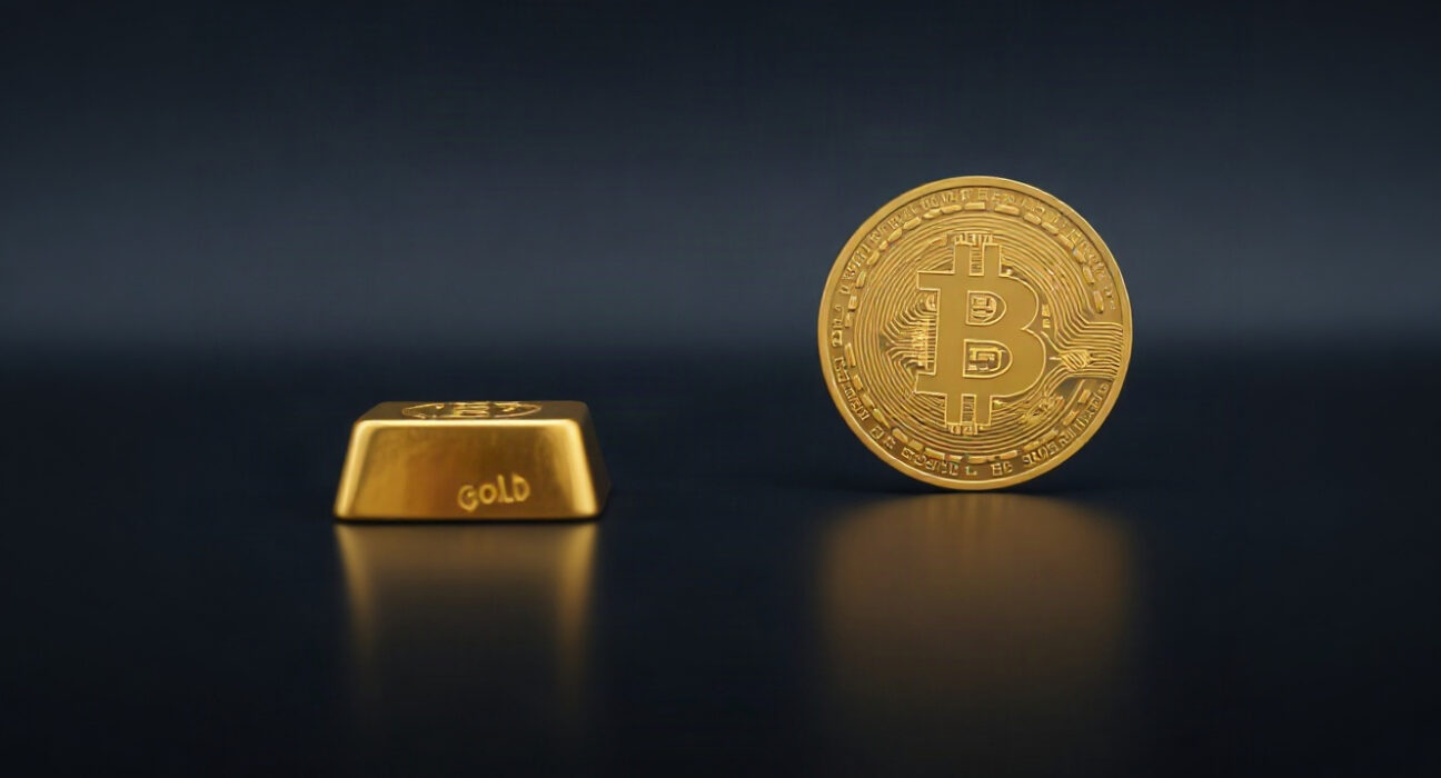 Bitcoin coin and gold bar side by side on a reflective surface