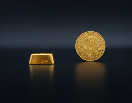 Bitcoin coin and gold bar side by side on a reflective surface