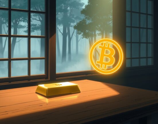 Visual metaphor for Bitcoin's inverse correlation with gold as digital and traditional assets diverge.