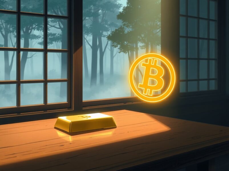 Visual metaphor for Bitcoin's inverse correlation with gold as digital and traditional assets diverge.