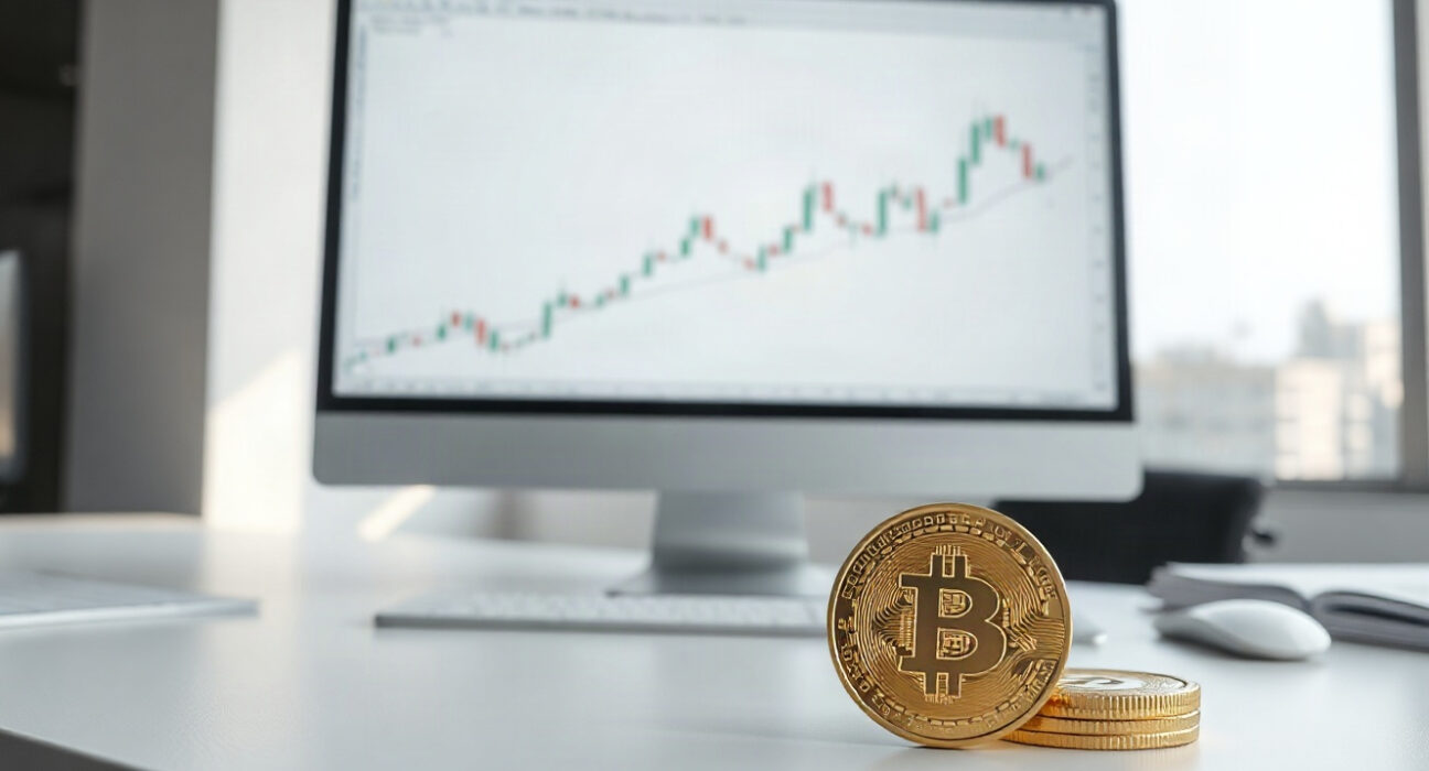 Bitcoin coin and gold bar on a desk with a financial chart on a monitor.