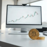 Bitcoin coin and gold bar on a desk with a financial chart on a monitor.