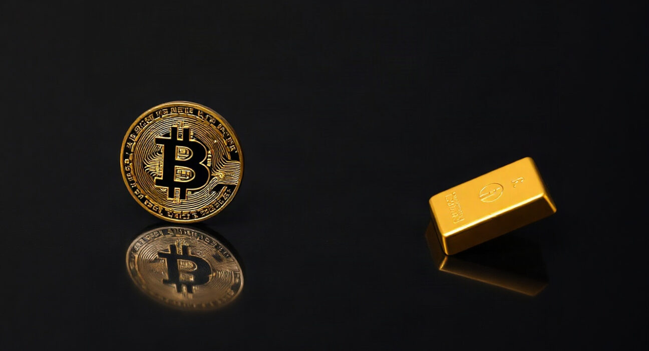 Bitcoin coin and gold bar on dark surface with subtle price movement indicators