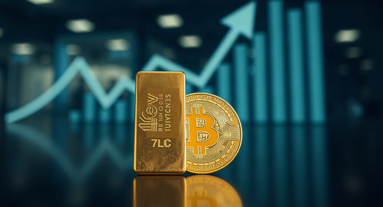 Gold bullion bar and Bitcoin coin side by side on reflective surface with upward graph in background