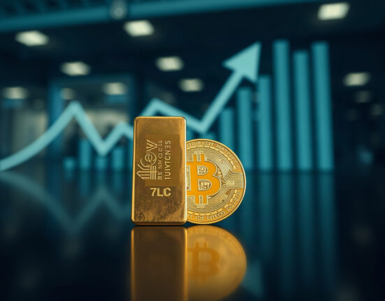 Gold bullion bar and Bitcoin coin side by side on reflective surface with upward graph in background
