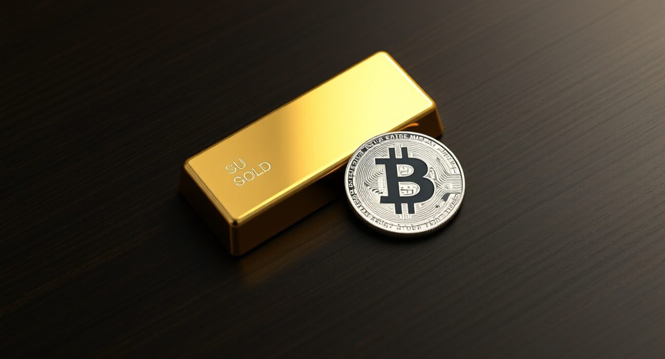 Gold bar and Bitcoin coin on a dark table representing the BTC/gold ratio analysis