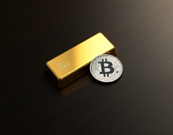 Gold bar and Bitcoin coin on a dark table representing the BTC/gold ratio analysis