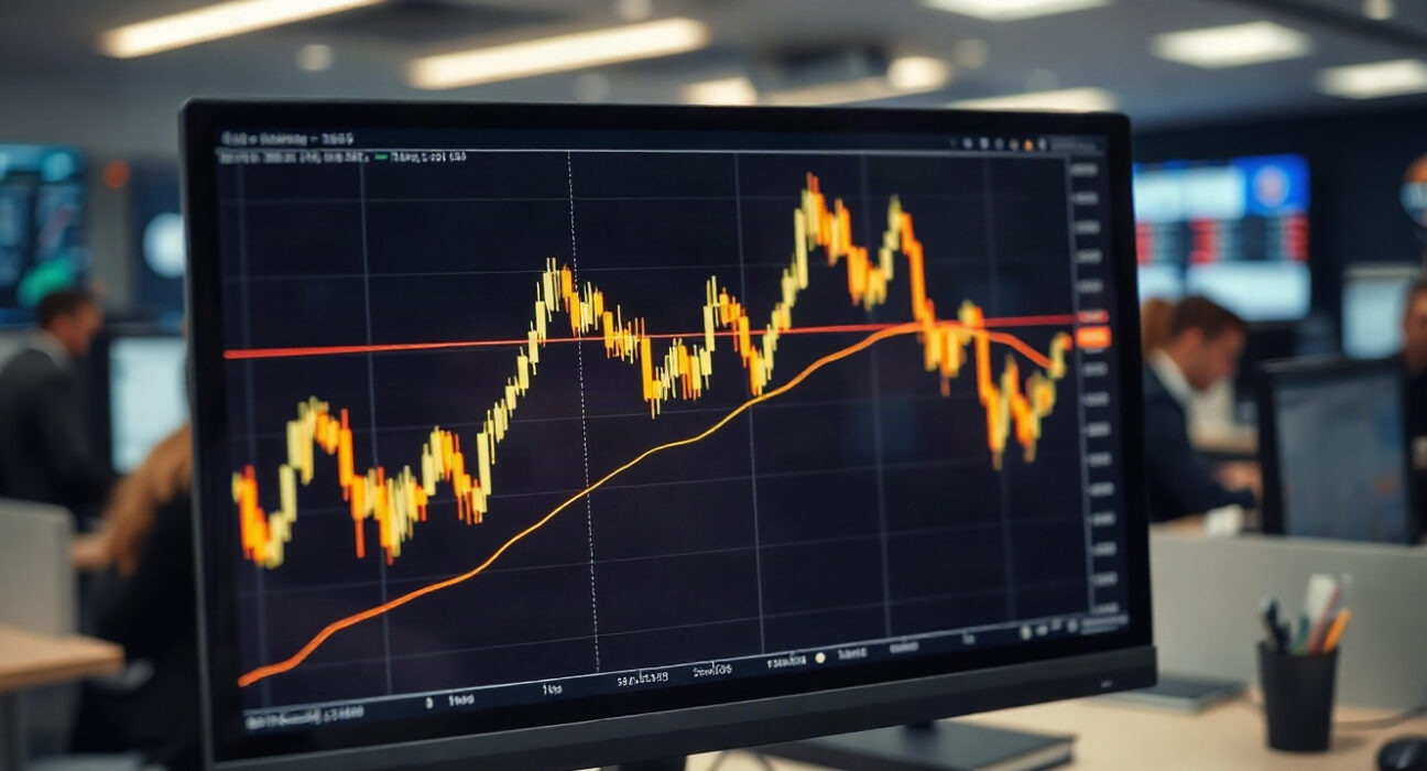 Bitcoin and gold price charts on a trading screen in a financial office