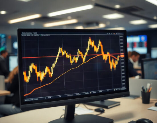 Bitcoin and gold price charts on a trading screen in a financial office