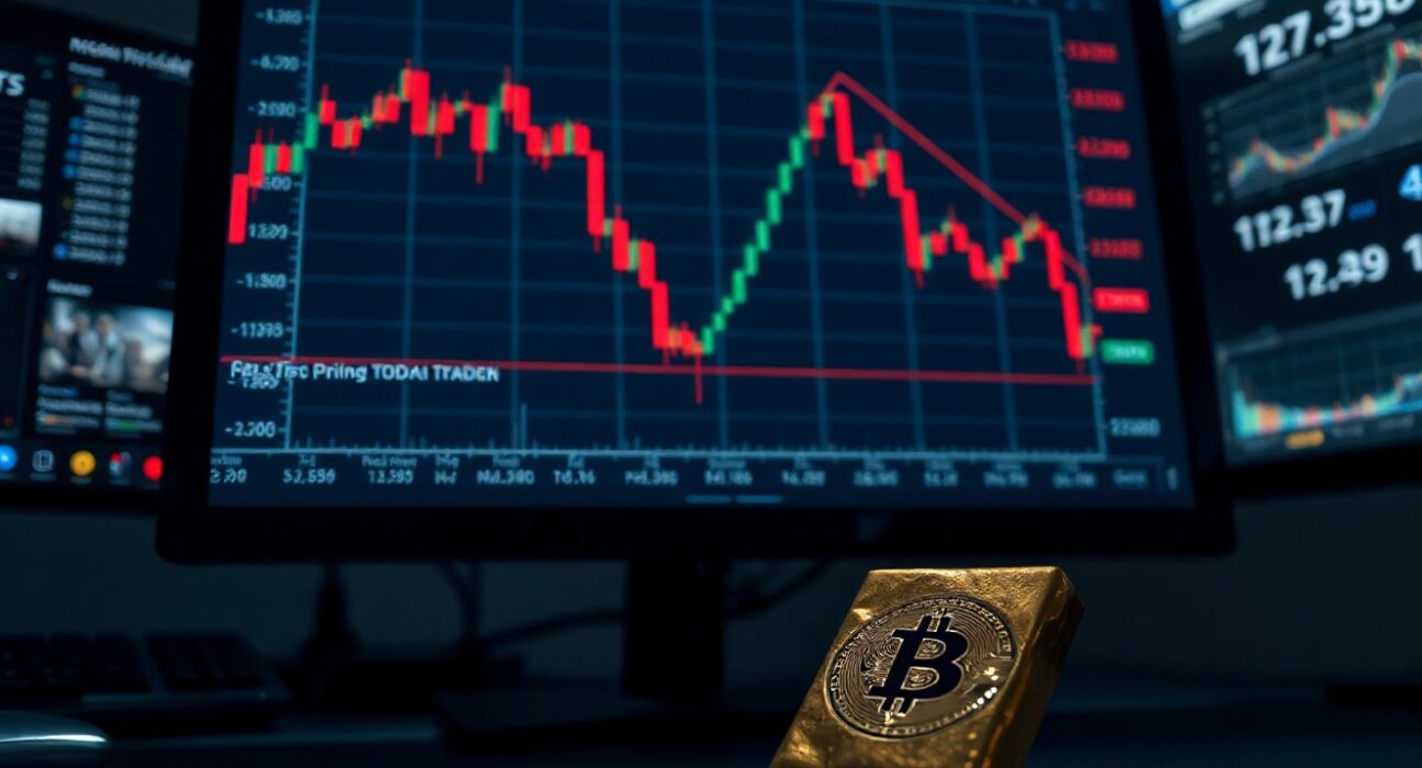 Bitcoin price chart showing a decline next to a gold bar on a trading desk