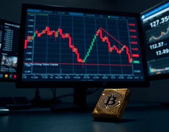 Bitcoin price chart showing a decline next to a gold bar on a trading desk