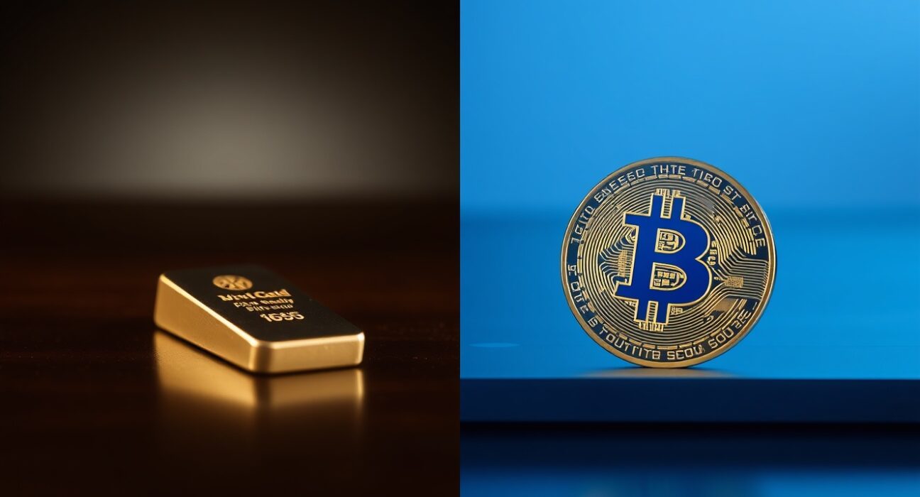 Gold bar and Bitcoin coin side by side representing safe-haven assets