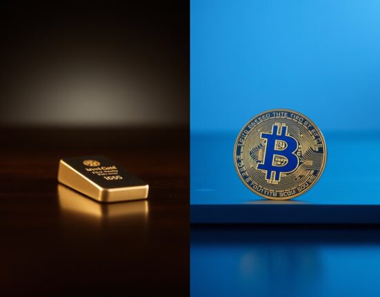 Gold bar and Bitcoin coin side by side representing safe-haven assets