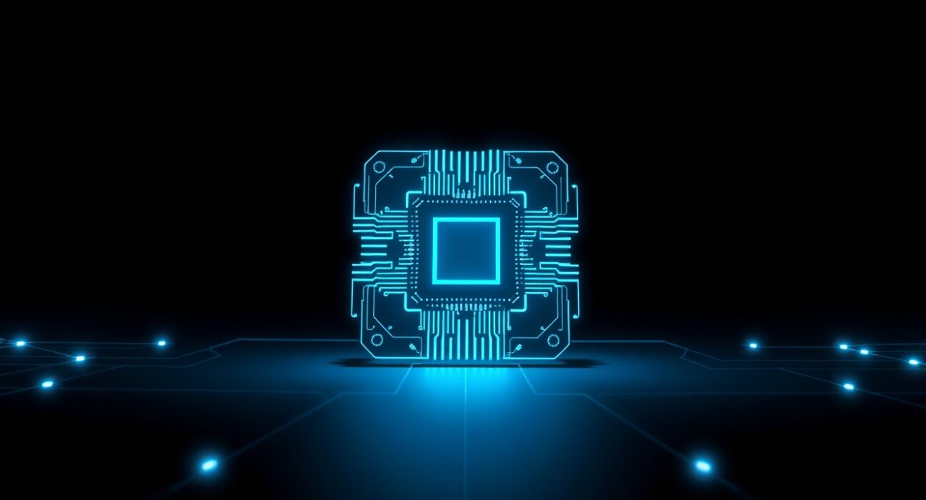 Close-up of a quantum computer chip with glowing circuits representing blockchain technology.