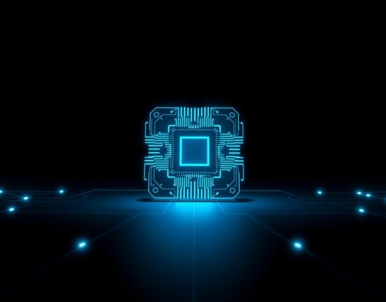 Close-up of a quantum computer chip with glowing circuits representing blockchain technology.
