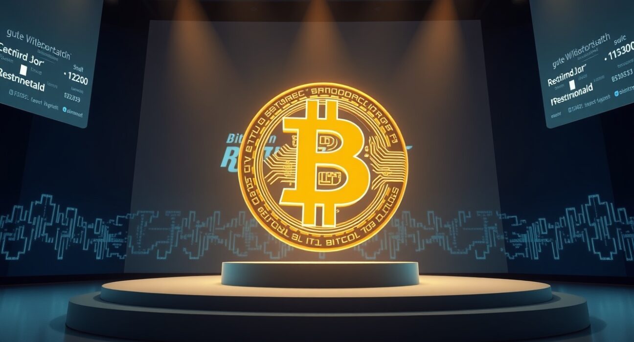 Bitcoin greatest boom symbol on stage at Bitcoin 2026 conference representing Eric Trump's declaration