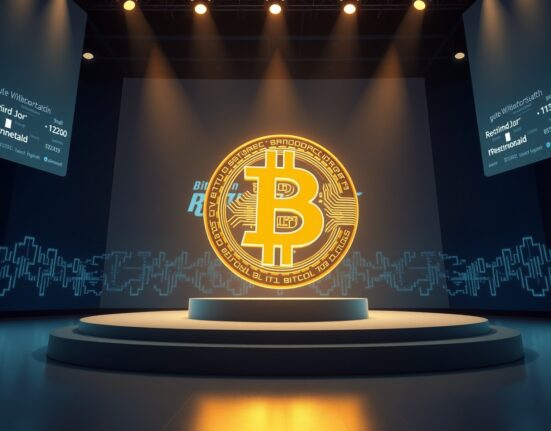 Bitcoin greatest boom symbol on stage at Bitcoin 2026 conference representing Eric Trump's declaration