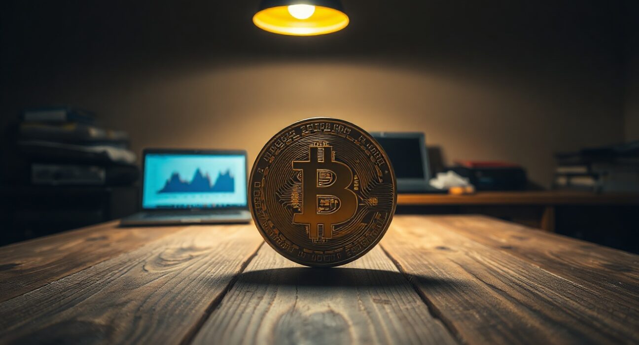 Bitcoin coin on a wooden table with a laptop showing a sideways chart in the background