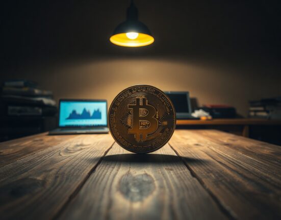Bitcoin coin on a wooden table with a laptop showing a sideways chart in the background