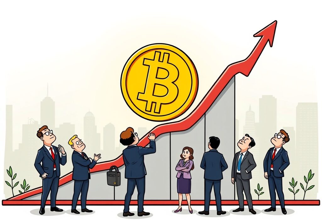A vibrant cartoon illustrating the powerful growth of Bitcoin, showing institutional adoption and its ascent as a key investment.