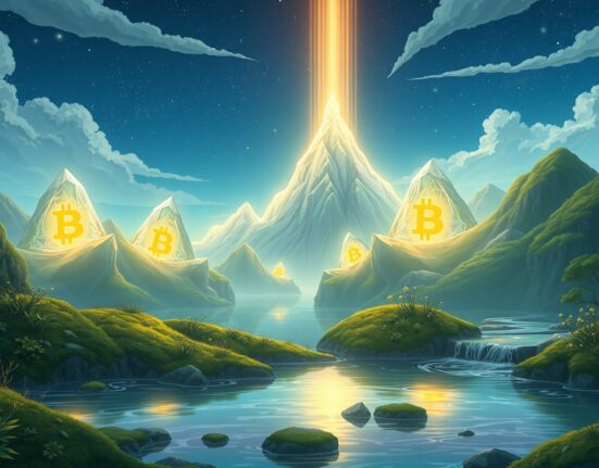 Bitwise CIO's Bitcoin growth projection visualized through digital mountain formations with glowing cryptocurrency symbols in natural landscape.