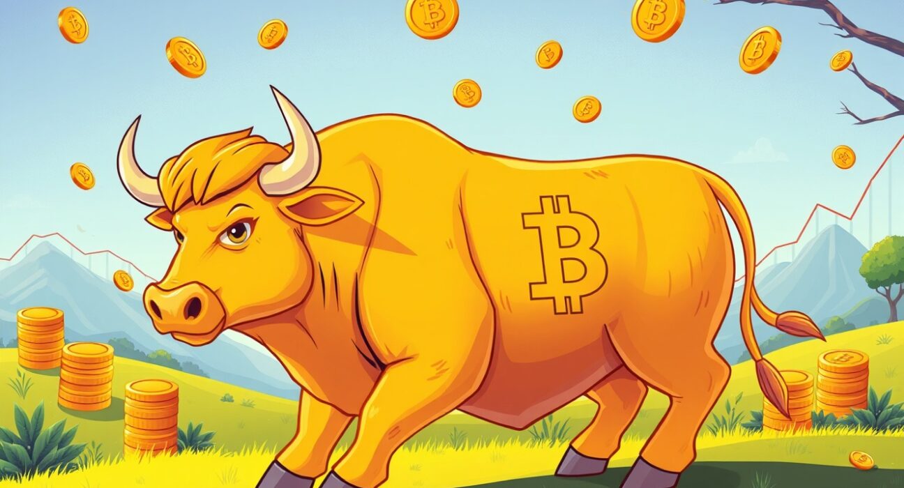 A vibrant cartoon of a Bitcoin bull attracting massive capital investment during a calm market cycle.