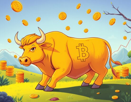 A vibrant cartoon of a Bitcoin bull attracting massive capital investment during a calm market cycle.