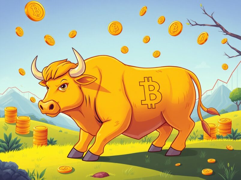 A vibrant cartoon of a Bitcoin bull attracting massive capital investment during a calm market cycle.