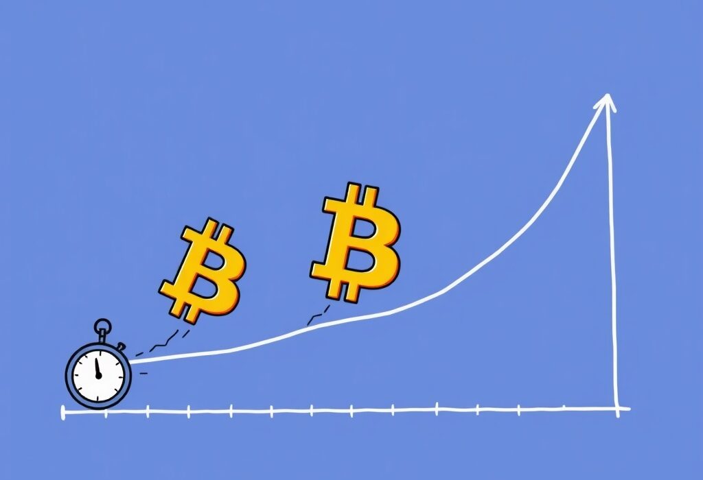 A vibrant cartoon illustrating the Bitcoin halving cycle's progression and potential market peak.