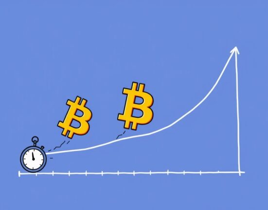 A vibrant cartoon illustrating the Bitcoin halving cycle's progression and potential market peak.