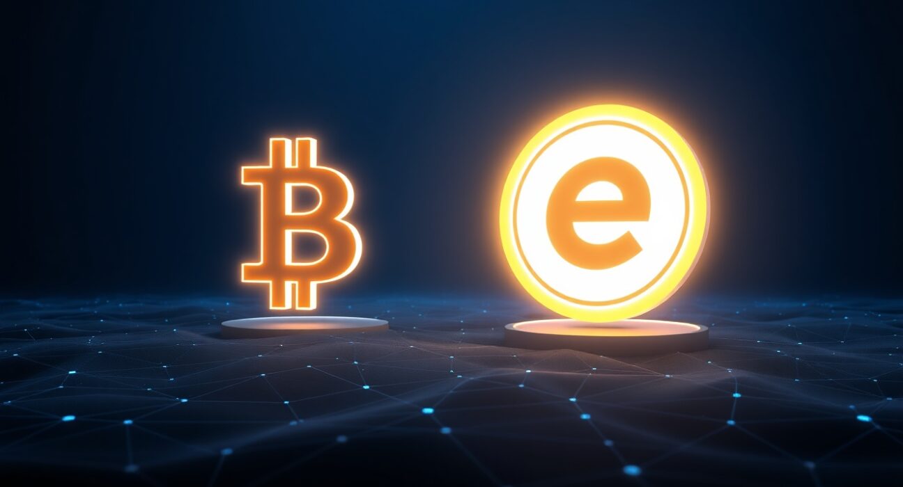 Bitcoin hard fork eCash visual representation showing transition from Bitcoin to eCash symbol