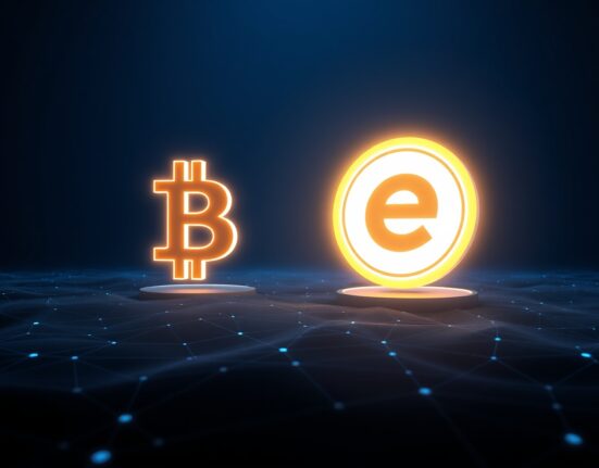 Bitcoin hard fork eCash visual representation showing transition from Bitcoin to eCash symbol