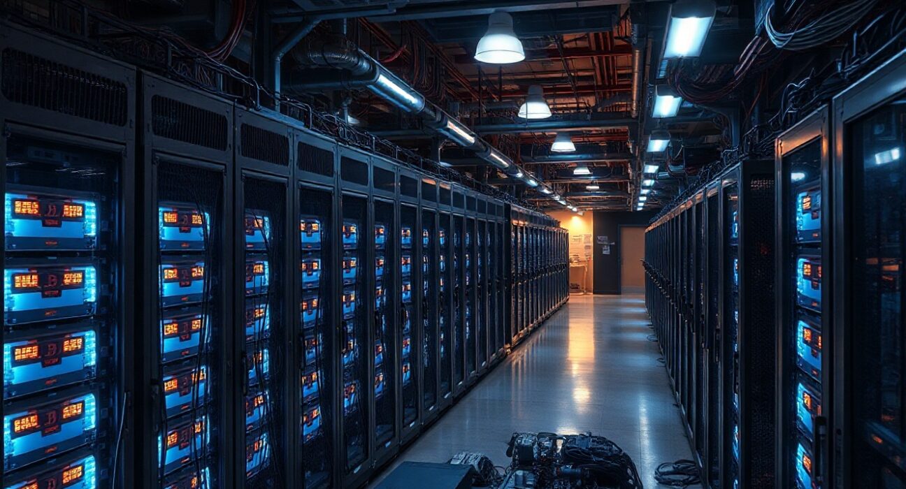 Bitcoin mining facility with rigs being repurposed for AI computing